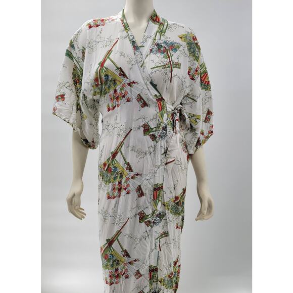 Vintage Kimono Wrap Robe Womens White Green Japanese Yukata‎ Style Traditional - Picture 16 of 16